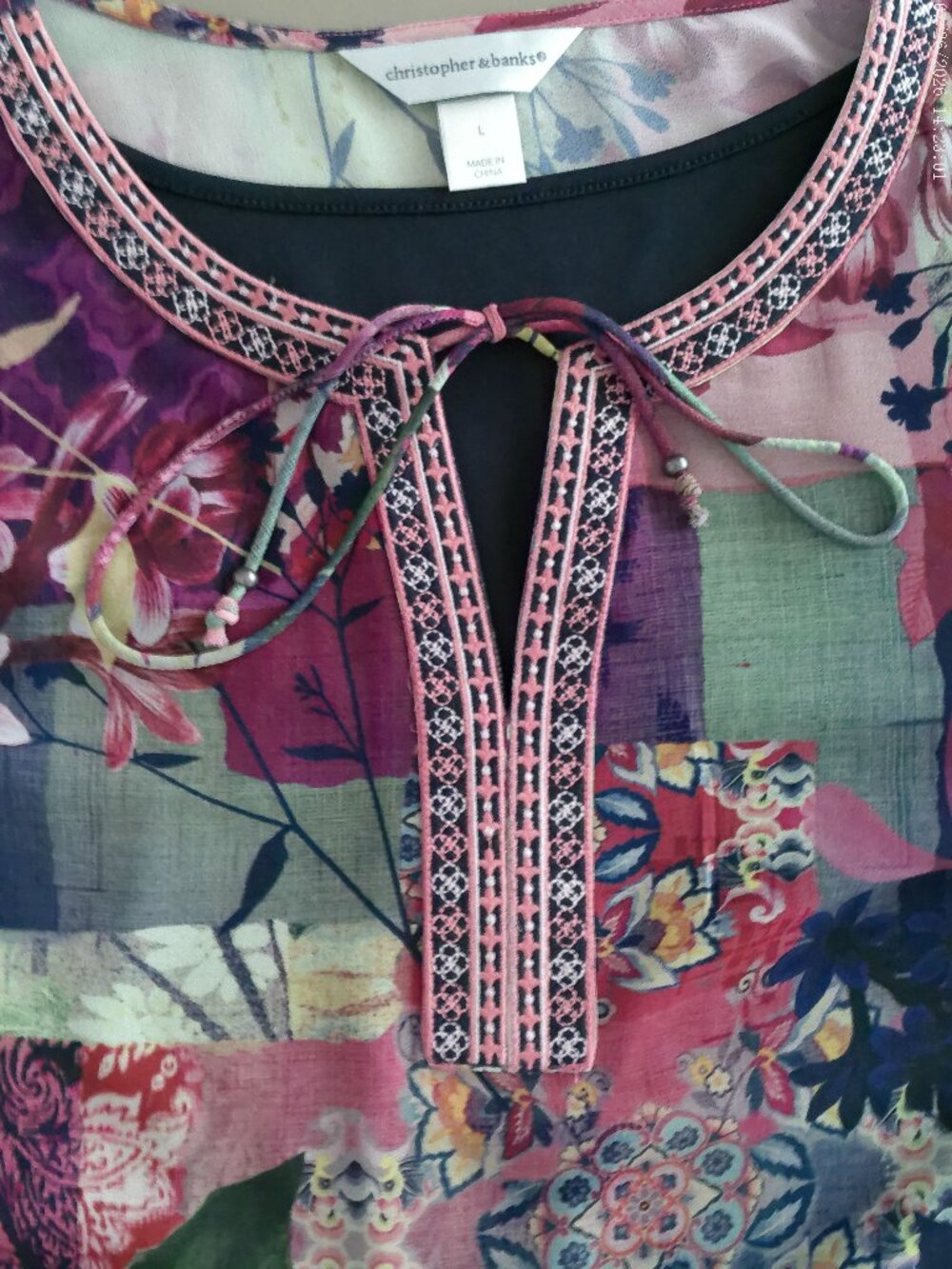 CHRISTOPHER & BANKS Long Sleeve Tie V-Neck Navy Blue Patchwork Floral Blouse L - Picture 4 of 11